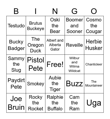 College Mascot BINGO Card