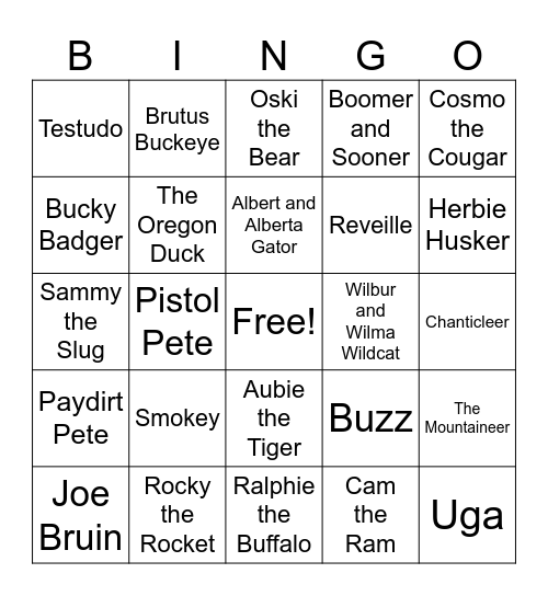 College Mascot BINGO Card