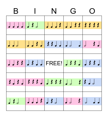 Rhythm Bingo - Quarter Notes and Rests, Half Notes Bingo Card