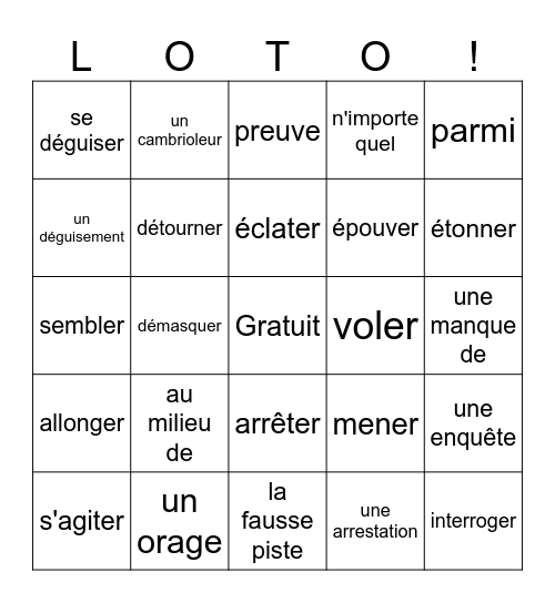 Lupin Ch. 1 Vocabulaire Bingo Card