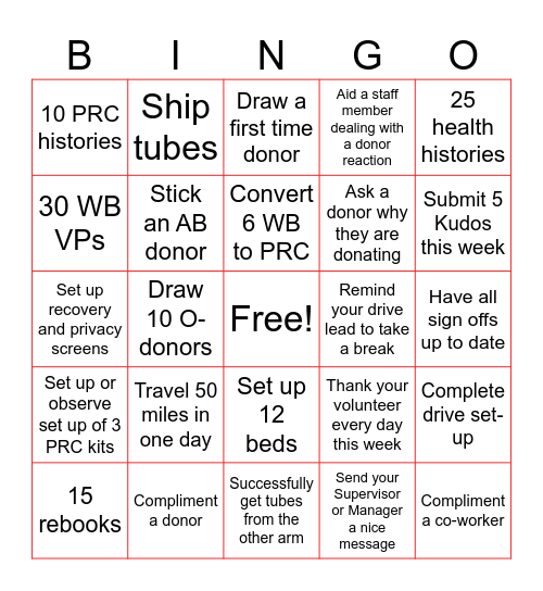 Blood Collectors Week BINGO Card