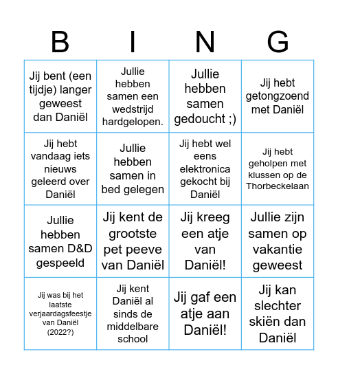 Daniël's birthday bingo! Bingo Card
