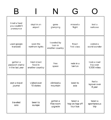 Travel Bingo Card