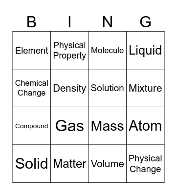Properties of Matter Bingo Card