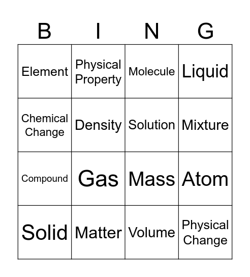 Properties of Matter Bingo Card