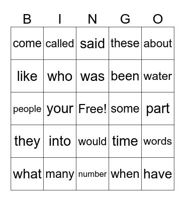 Sight Words Bingo Card