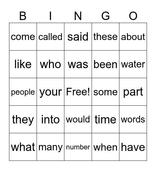 Sight Words Bingo Card