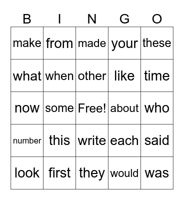 Sight Words Bingo Card