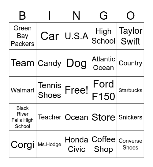 Common and Proper Noun BINGO! Bingo Card