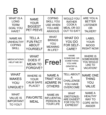 SOCIAL/COPING SKILLS BINGO Card