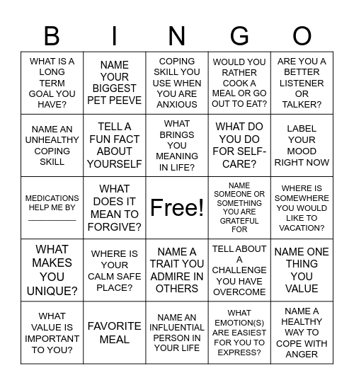 SOCIAL/COPING SKILLS BINGO Card