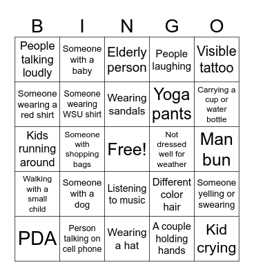 People Watching Bingo Card