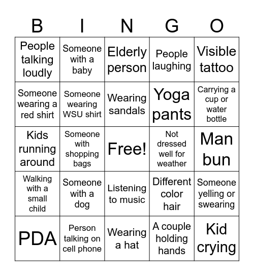 People Watching Bingo Card