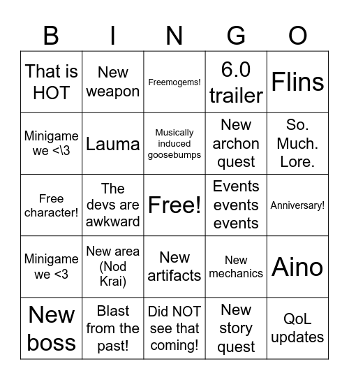 Genshin 6.0 Livestream Bingo Card