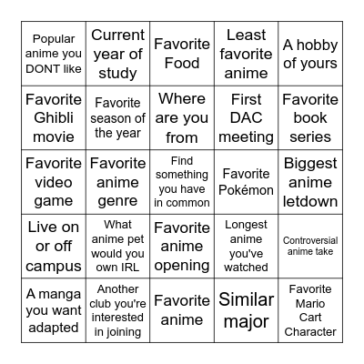 Anime Club Icebreaker Bingo 2025/2026 Bingo Card