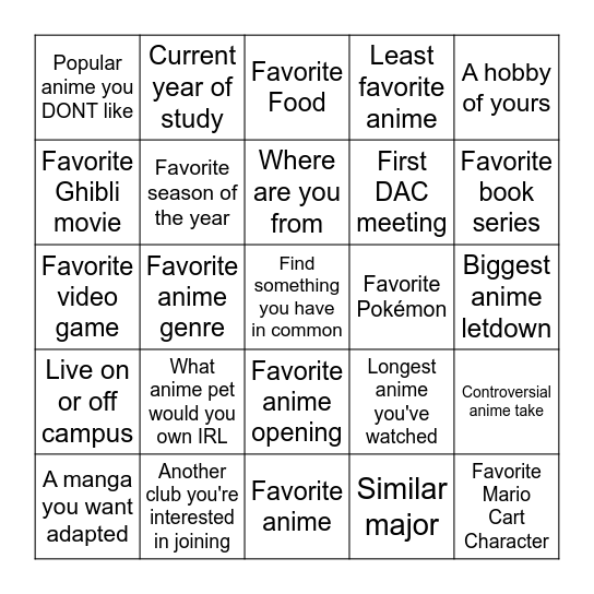 Anime Club Icebreaker Bingo 2025/2026 Bingo Card