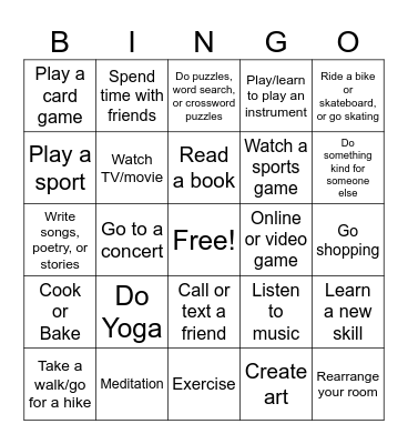 Enjoyable Activities Bingo Card