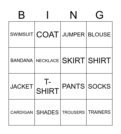 CLOTHING Bingo Card