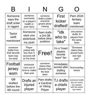 Fantasy Football Bingo Card