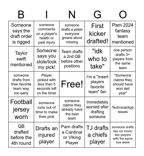 Fantasy Football Bingo Card