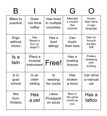 McMaster Rowing Bingo Card