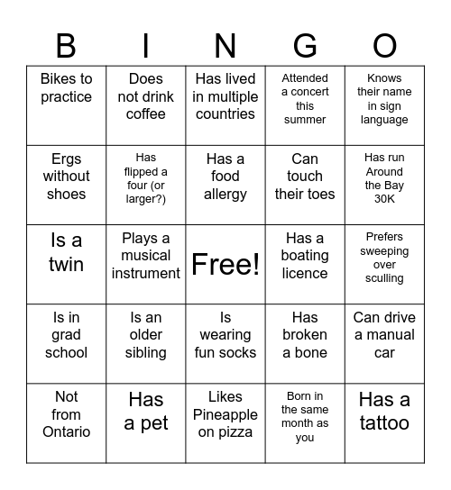McMaster Rowing Bingo Card