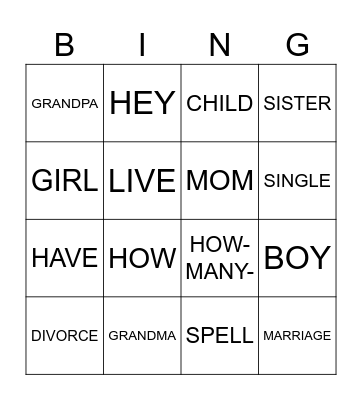 Sign Language Vocab 2 Bingo Card