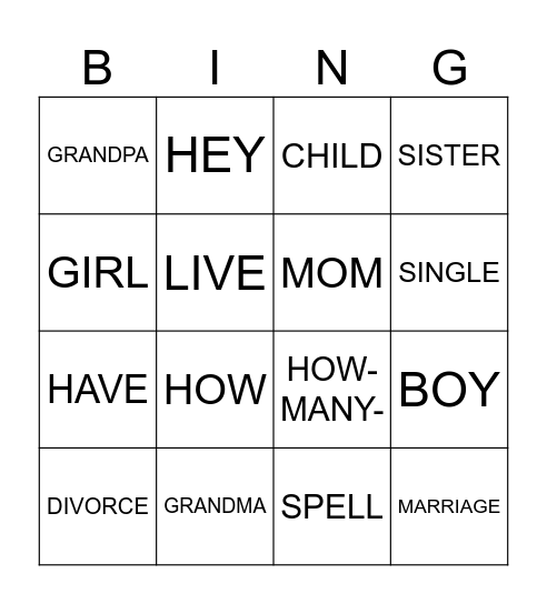 Sign Language Vocab 2 Bingo Card