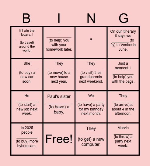 Will / Going to BINGO! Bingo Card