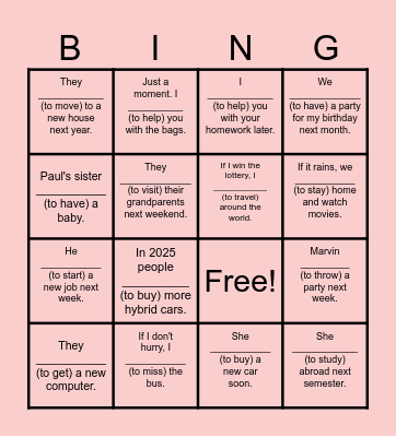 Will / Going to BINGO! Bingo Card