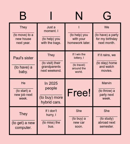 Will / Going to BINGO! Bingo Card