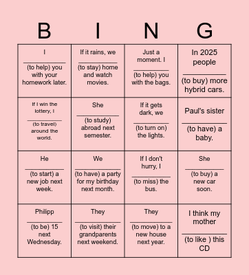 Will / Going to BINGO! Bingo Card