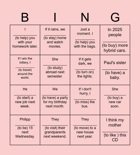 Will / Going to BINGO! Bingo Card