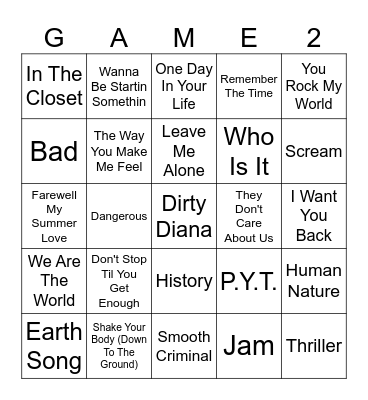 Michael Jackson Songs Bingo Card