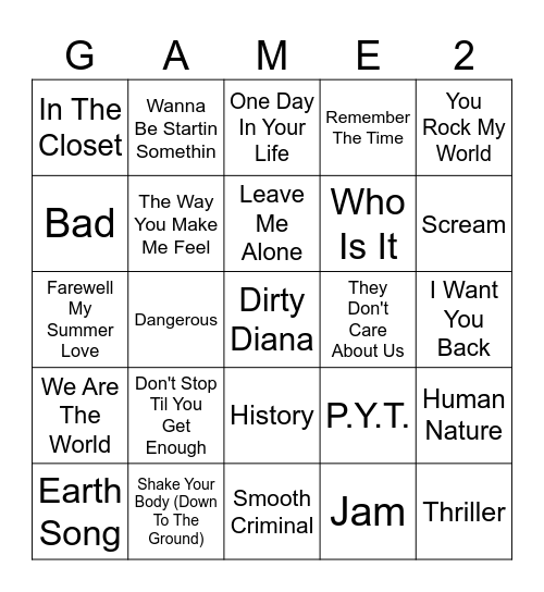 Michael Jackson Songs Bingo Card
