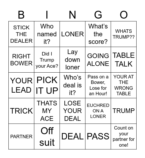 euchre Bingo Card