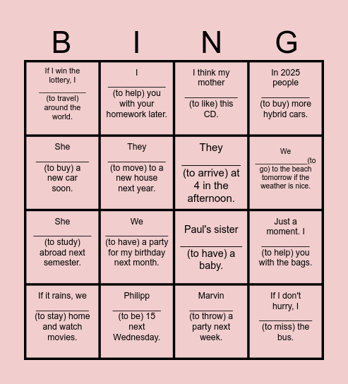 Wil l/Going to Bingo! Bingo Card