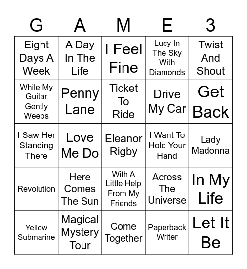 Beatles Songs Bingo Card