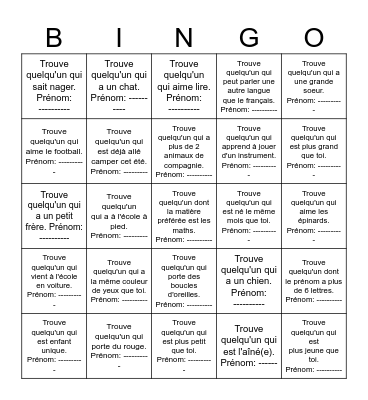 Bingo de la rentrée- Trouve quelqu'un qui... Bingo Card