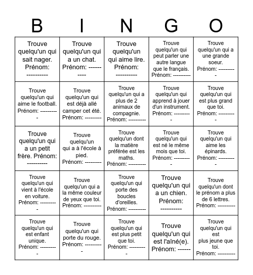 Bingo de la rentrée- Trouve quelqu'un qui... Bingo Card