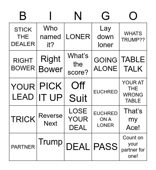 euchre Bingo Card