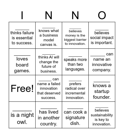 Business Innovation Bingo Card