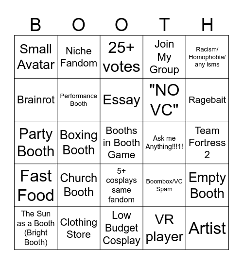 Booth Game Bingo Card