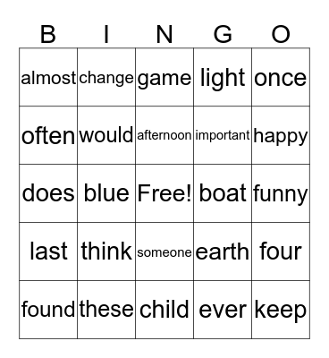 Word Wall Words Bingo Card