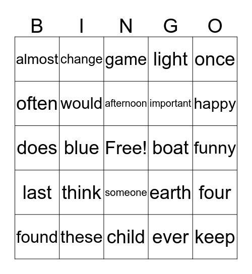 Word Wall Words Bingo Card