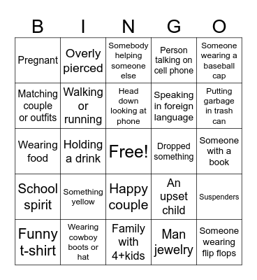 People Watching Bingo Card