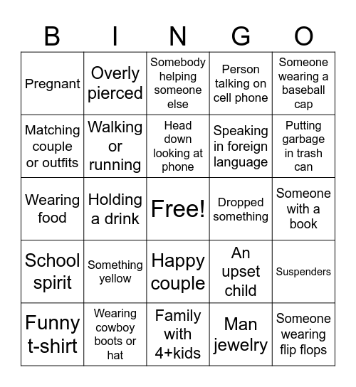 People Watching Bingo Card