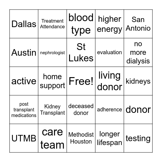 Transplant Bingo Card