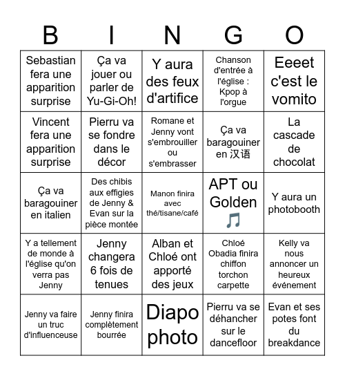 Mariage de Jenny et Evan Bingo Card