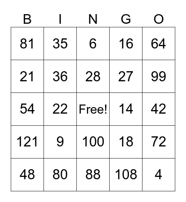 Multiplication Facts Bingo Card